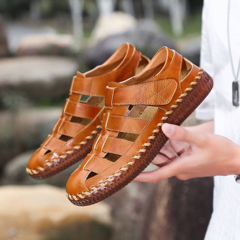 Men's Breathable Fashion Cowhide Beach Hollow Handmade Sandals