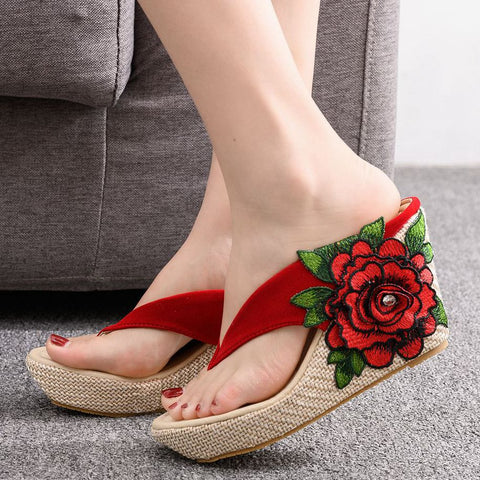 Embroidered Flower Large Size Waterproof Platform Sandals