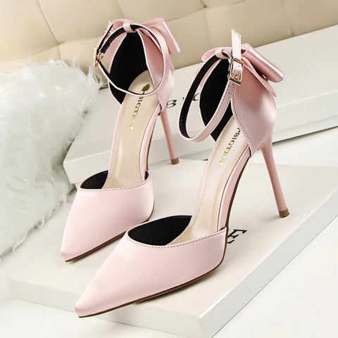 Women's Pointed Toe Satin Hollow Back Bow Heels