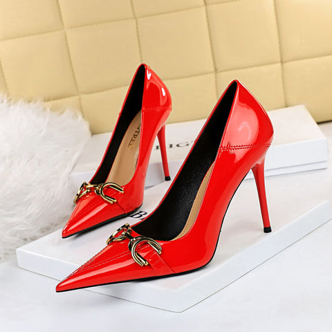 Women's Shiny Patent Shallow Mouth Pointed Metal Women's Shoes