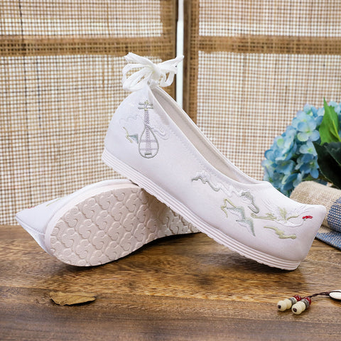 3cm Bow Antique Lace-up Toe-up-warped Embroidered For Han Canvas Shoes