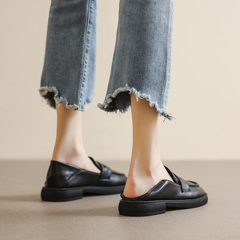 Women's Black British Small Chunky Slip-on Round Loafers
