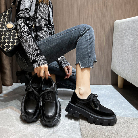 Women's Platform Patent Round Toe Lace-up British Leather Shoes