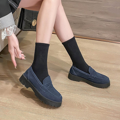 Women's Matte Cowhide British Style Chunky Platform Heels