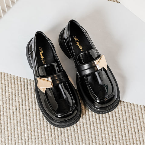Women's British Style Retro Black Patent Chunky Plus Leather Shoes