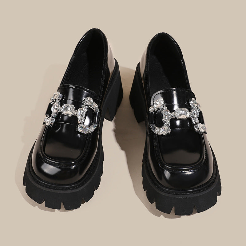 Women's Spring Preppy Style Rhinestone Horsebit Buckle Leather Shoes