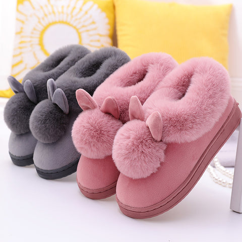 Zapatillas de invierno cálidas de algodón y algodón con orejas largas para hombres y mujeres
