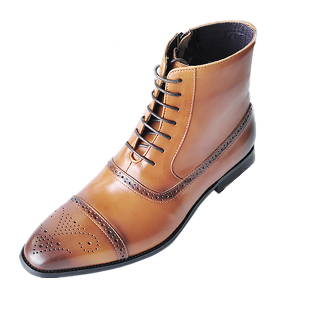 Men's Side Zipper Three-joint Polished High-top Brogue Boots