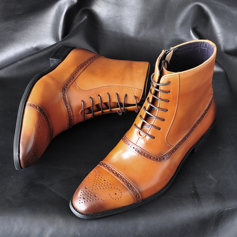 Men's Side Zipper Three-joint Polished High-top Brogue Boots