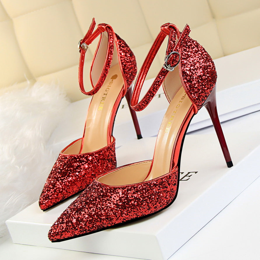 Women's Stiletto Low-cut Pointed-toe Hollowed Sequined Sexy Heels