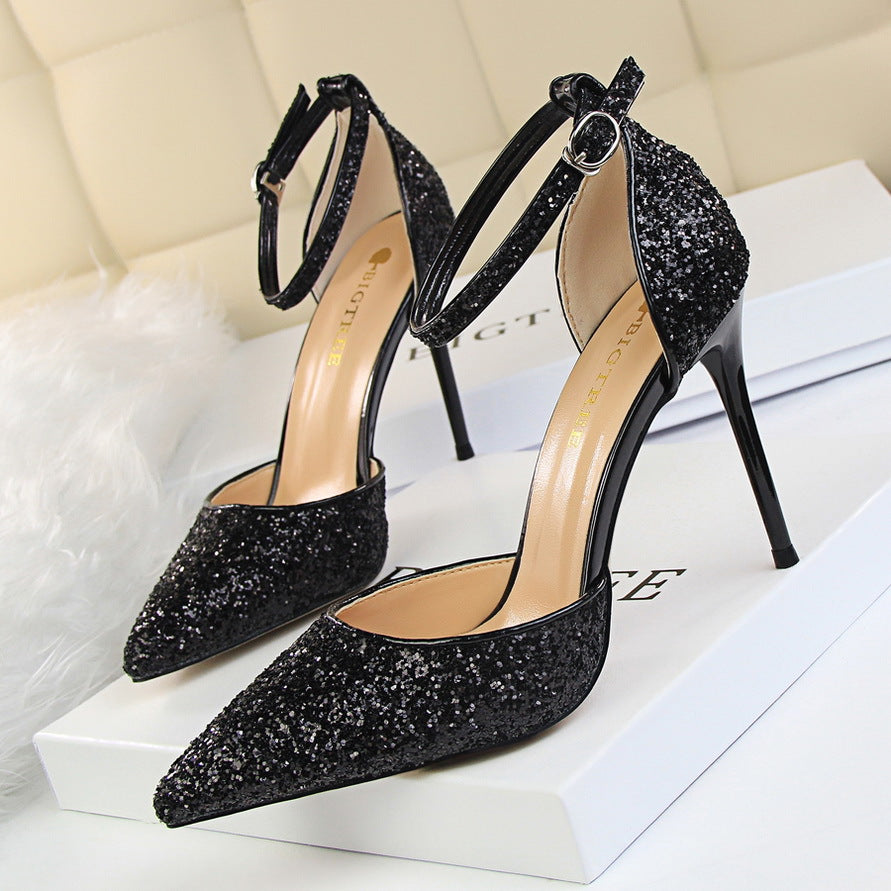 Women's Stiletto Low-cut Pointed-toe Hollowed Sequined Sexy Heels