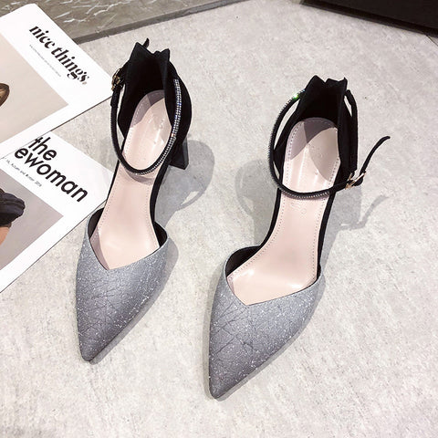 All-matching Pointed Stiletto Rhinestone Buckle Hollow Heels
