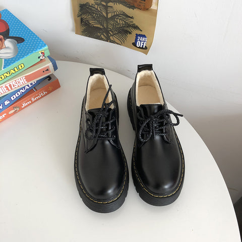 Buty damskie Retro z okrągłym noskiem na platformie Harajuku brytyjskie skórzane buty