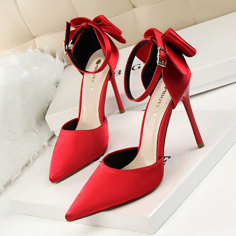 Women's Pointed Toe Satin Hollow Back Bow Heels