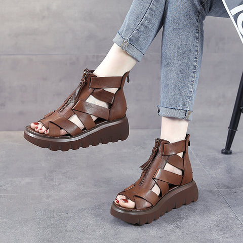 Women's Hollow-out Roman Style Mid Thick Front Heels