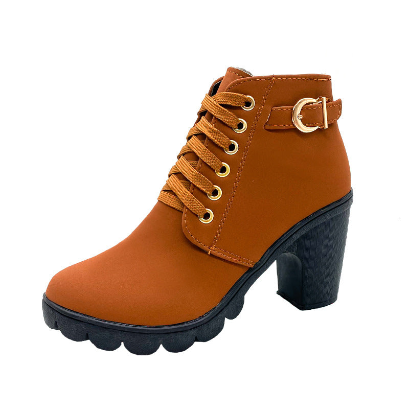 Women's Chunky Lace-up Short Matte Side Boots