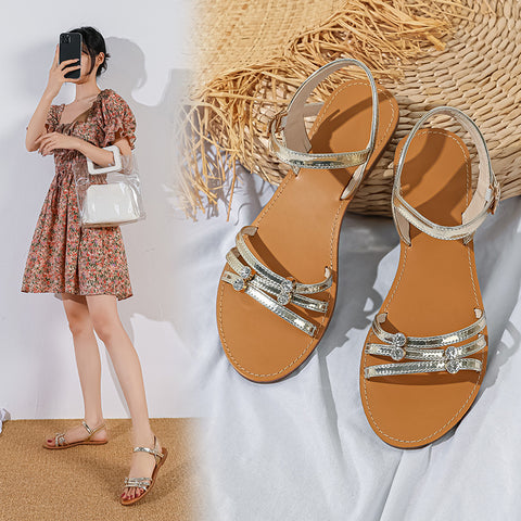 Women's Summer Fashionable Low Square Rhinestone Metal Sandals