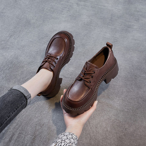Women's Platform Lace Up Small Brown British Style Casual Shoes