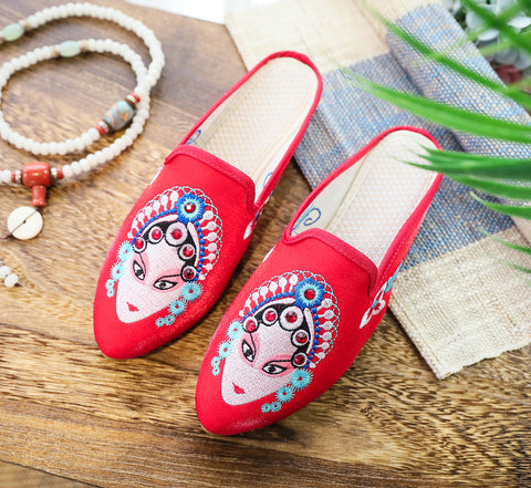 Women's Chinese Style Peking Opera Facial Makeup Embroidery Pointed Sandals