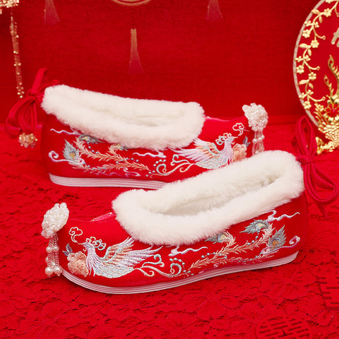 Women's Winter Fleece-lined Pearl Tassel Warped Head Canvas Shoes