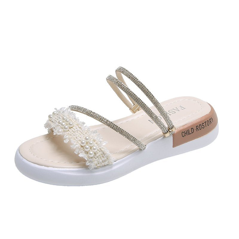 Women's Rhinestone Flat Fairy Style Summer Pearl Sandals