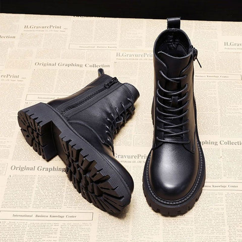 Women's Black Single Handsome Medium Chunky Motorcycle Boots