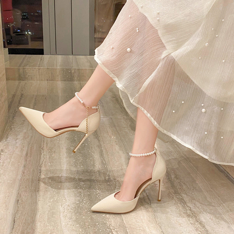 Women's Stiletto Low-cut Strap Fashion Sweet Fairy Style Pearl Heels