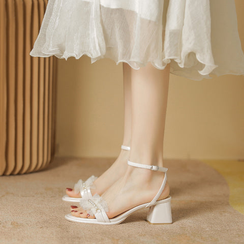 Women's And Chunky Pleated Lace Pearl Heels