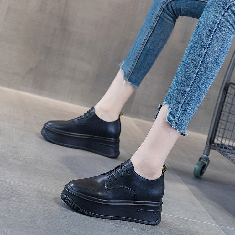 Women's Platform Muffin Lace-up Height Increasing Insole Leather Shoes