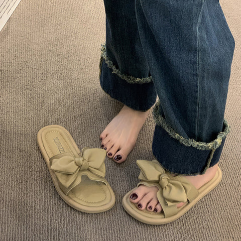 Women's Gentle Bow Open Toe Flat Slippers