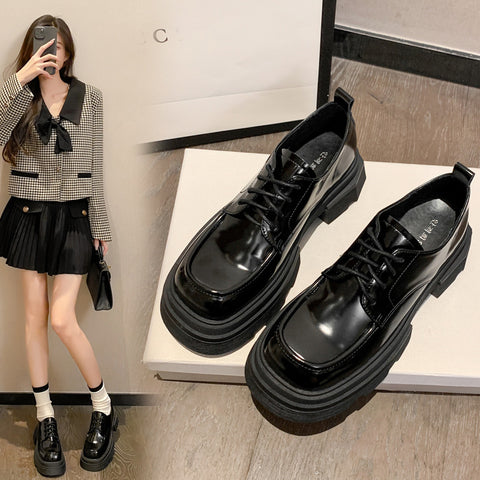 Women's Lace-up Genuine Black Small Spring British Loafers