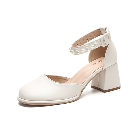 Women's Mary Jane French Style Pearl Chunky Heels