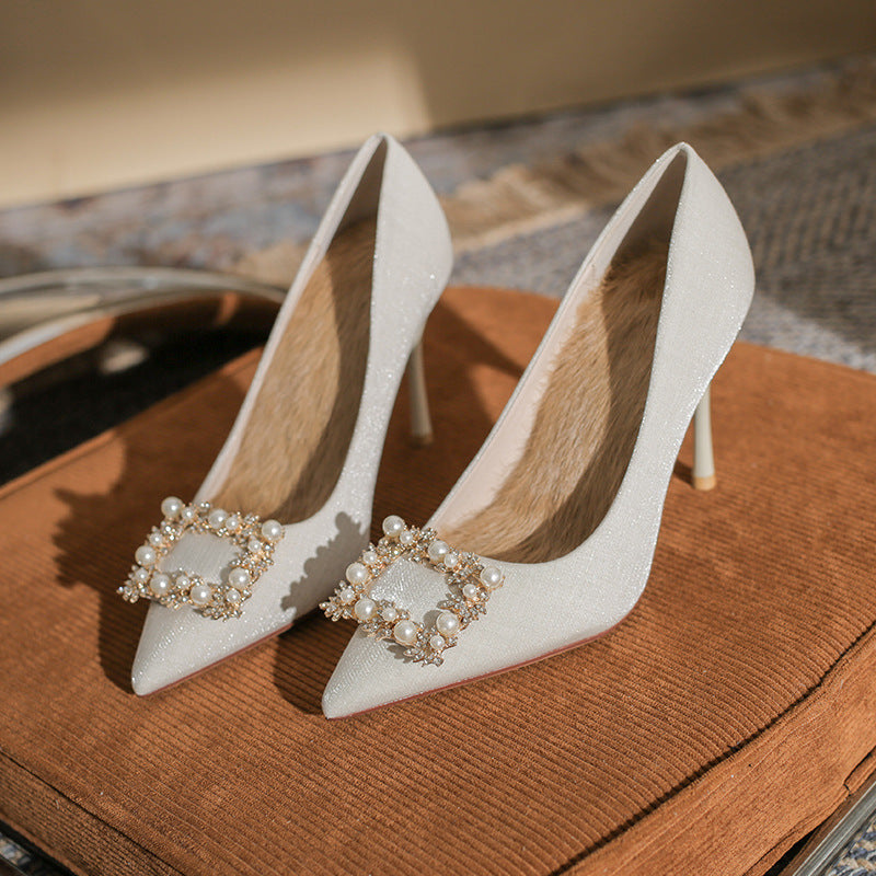 Women's Square Buckle Rhinestone Pearl Wedding Low-cut Women's Shoes