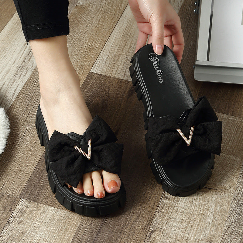 Women's Bowknot For Outer Wear Platform One-word Slippers