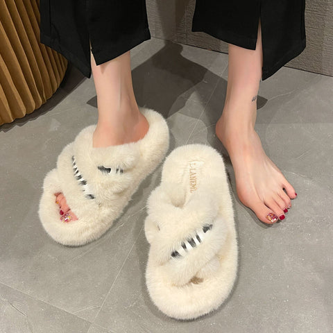 Women's Size Thick Cross Fluffy Wool Sleeper Slippers