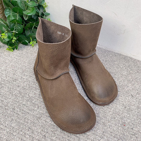 Solid Color Round Toe Top Layer Cowhide Slip-on Boots