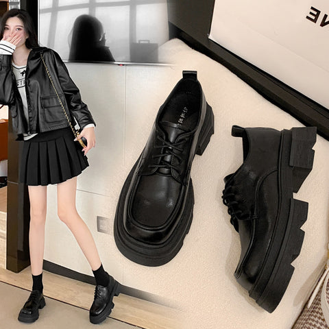 Women's Lace-up Genuine Black Small Spring British Loafers