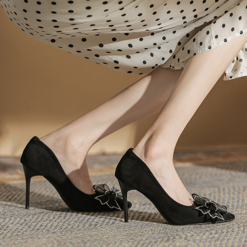 Women's Suede Black Sexy All-matching Bow Banquet Women's Shoes