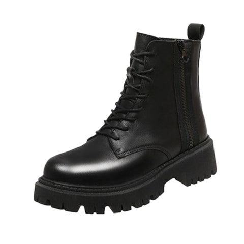 Women's Black Single Handsome Medium Chunky Motorcycle Boots