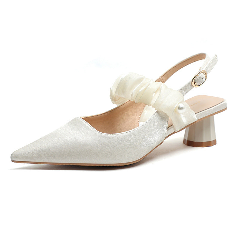 Women's Chunky For Gauze Strap Pearl Satin Front Women's Shoes