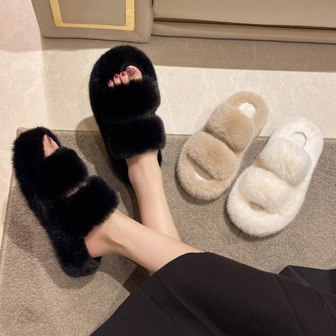Women's Size Double Thickened Flat One-word Inner Room Thermal Slippers