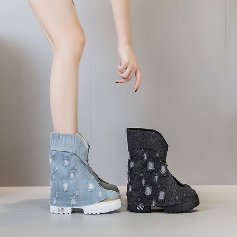 Women's Denim Slip-on Skim-fit Low Tube Height Increasing Boots