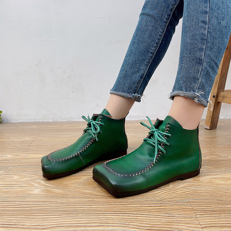 Square Head Front Lace-up Solid Color Boots