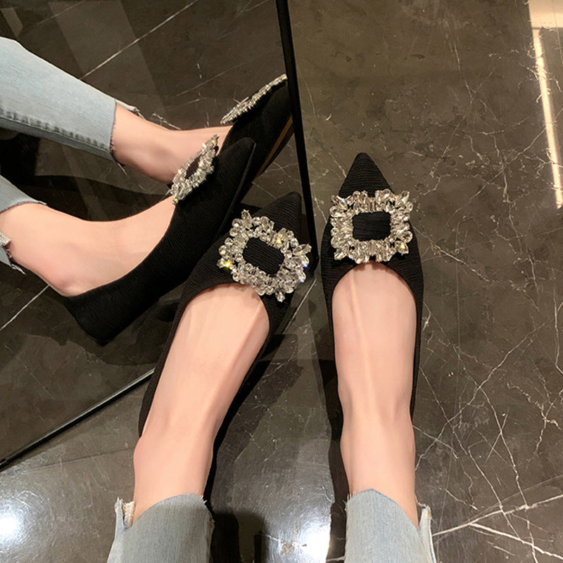 Women's Pointed Toe Rhinestone Square Buckle V Cut Ballet Women's Shoes