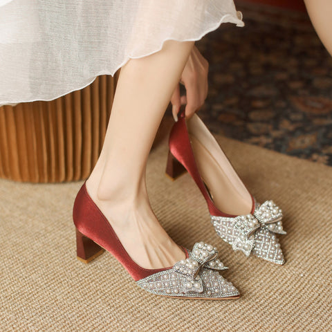 Bow Pointed High Thick Fairy Autumn Women's Shoes