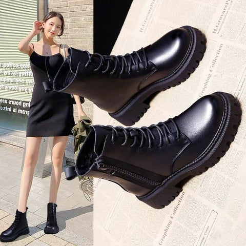 Women's Black Single Handsome Medium Chunky Motorcycle Boots