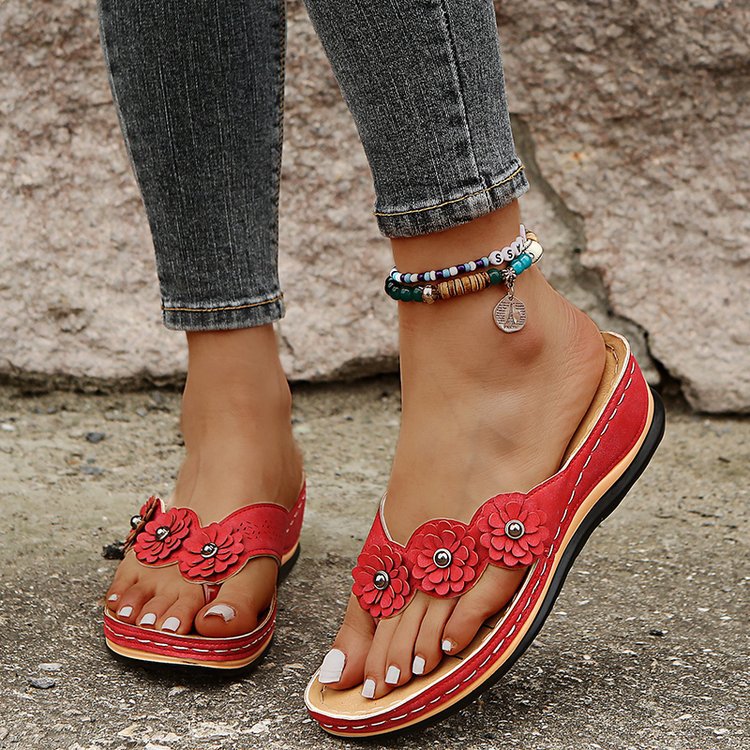 Women's Herringbone Wedge Solid Color Flower Plus Sandals