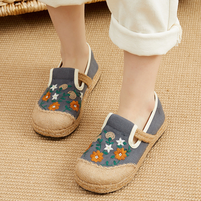 Women's Flat Low-top Shallow Mouth Pumps Artistic Ethnic Canvas Shoes