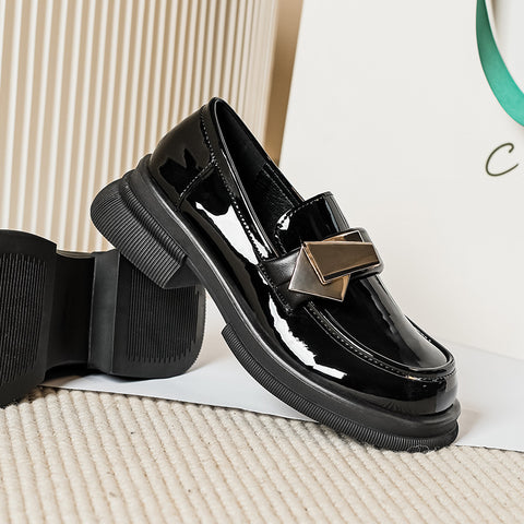 Damski brytyjski styl Retro czarny Patent Chunky Plus skórzane buty