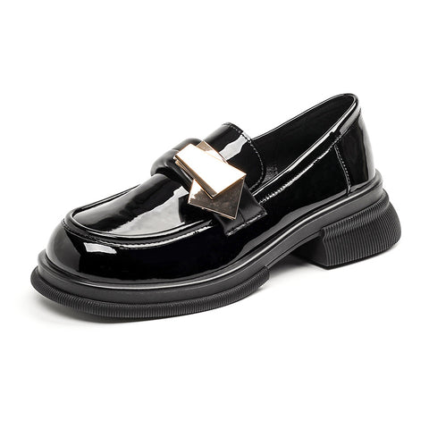 Damski brytyjski styl Retro czarny Patent Chunky Plus skórzane buty